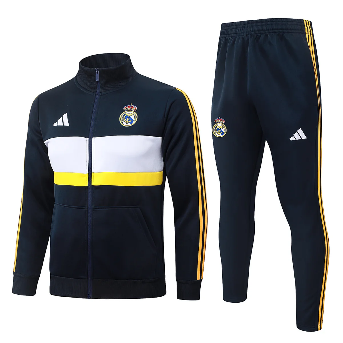 Real Madrid 2026/27 tuta blu navy fascia bianca gialla
