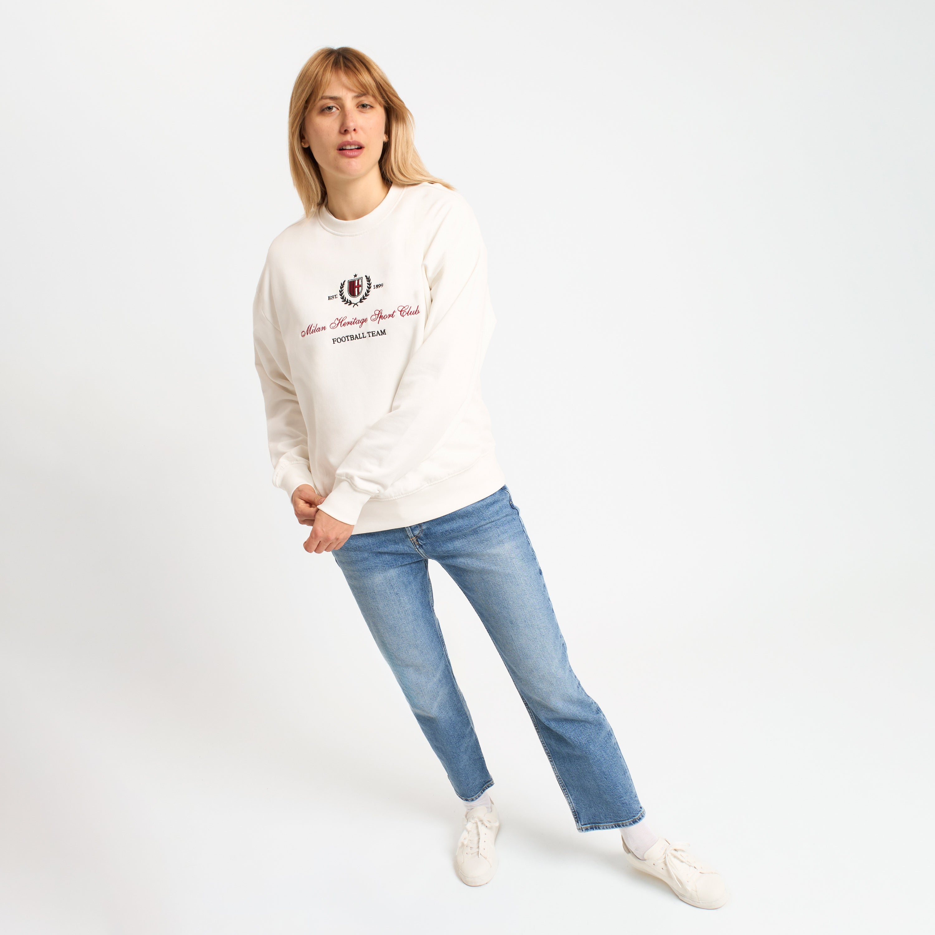 AC Milan Felpa Donna Bianca Girocollo Ricamo Cotone
