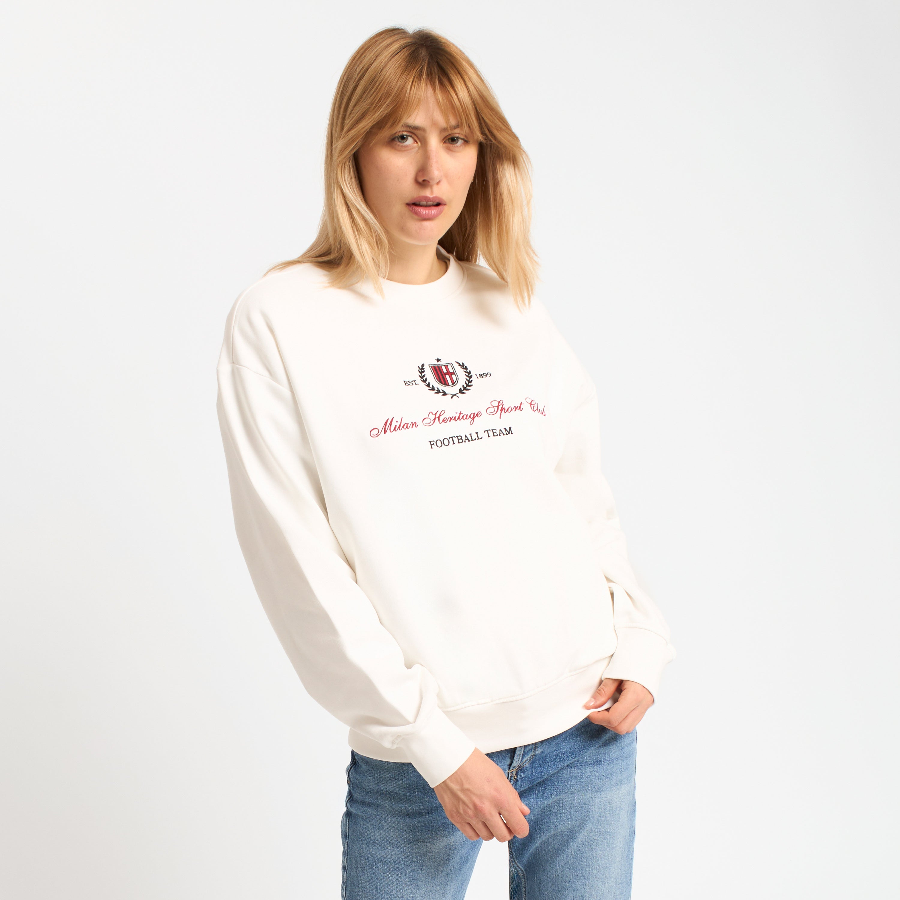 AC Milan Felpa Donna Bianca Girocollo Ricamo Cotone