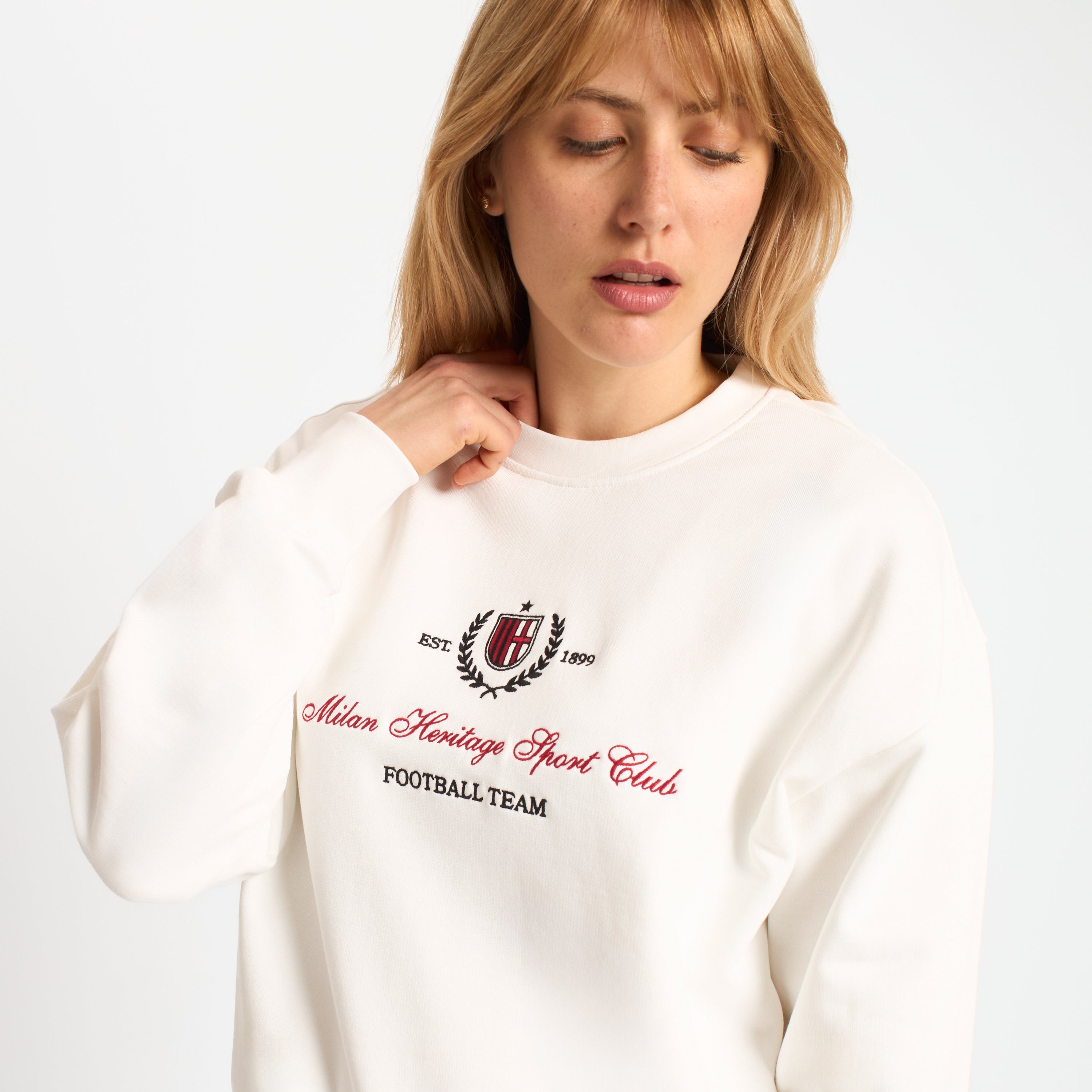 AC Milan Felpa Donna Bianca Girocollo Ricamo Cotone